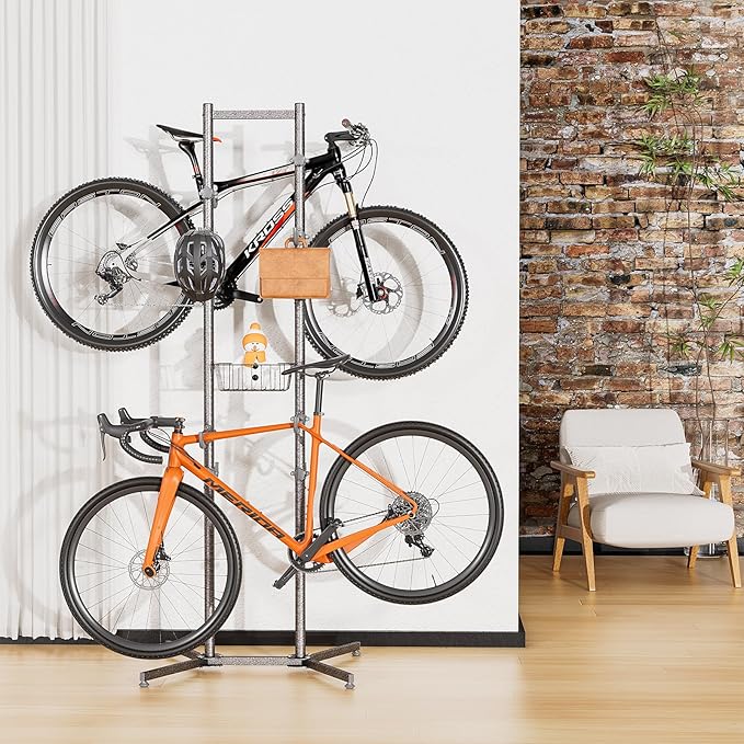 CXWXC 2-/4-Bike Storage Rack with Basket - Indoor Bike Rack for Garage/Apartment - Road Mountain and Hybrid Bike Garage & Home