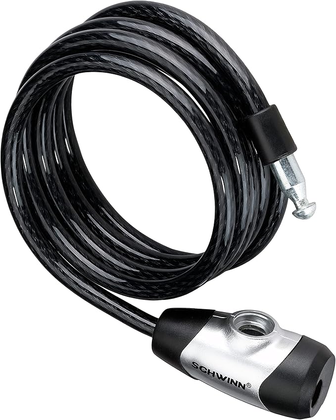 Schwinn Bike Cable Lock with Keys, 6 ft x 8 mm, Black, Durable Steel, Protective Vinyl Cover, Carrying Bracket for Transport, Anti Theft Protection, Bike Lock Cable for Security
