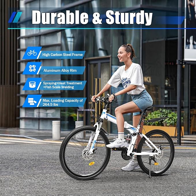 Foldable Mountain Bike Adjiustable Speed Full Suspension High-Carbon Steel Foldable Bicycle Double V-Brake Outroad Mountain Bicycle for Adults Men Women