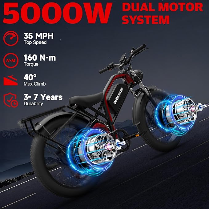 Electric Bike for Adults,5000W/3000W Peak Dual Motor ebike 35MPH E Bikes for Men Women,52V 32/23AH Battery, 80/100 Miles Range Ebike,26”Fat Tire Full Suspension E-Bike