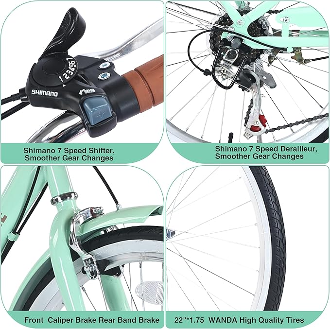 22/26 Inch Women's Bike Beach Cruiser Bike for Women/Girls，City Hybrid Bike 7 Speeds Adult Bicycle Commuter Bike for Women Men,4 Colors
