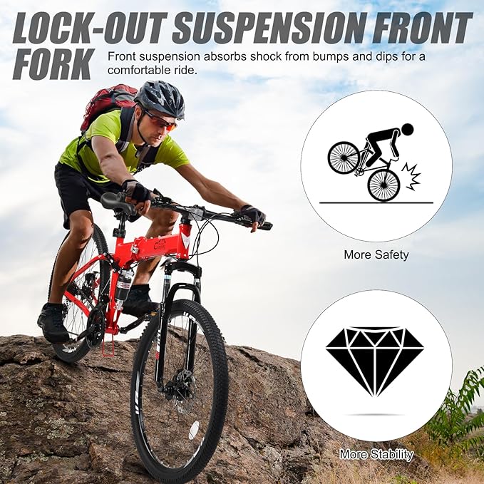 24/26/27.5 Inch Foldable Bikes for Adults 21 Speed Mountain Bike, Adult Bicycle with High Carbon Steel Frame, Full Suspension, Dual Disc Brake & Adjustable Ergonomic Seat(Black/Red)
