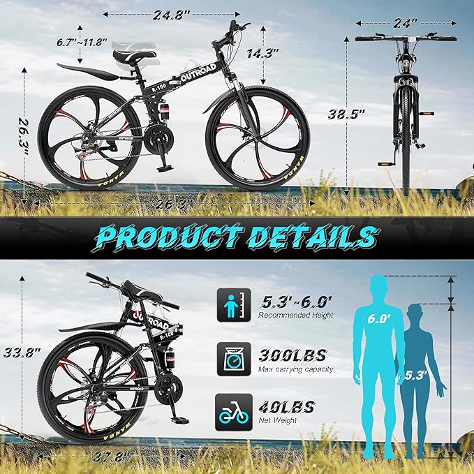 26" Foldable MTB – 21-Speed Full Suspension, High-Carbon Steel Frame, Dual Disc Brakes & Quick-Release Tires – Adults & Teens (Multiple Colors)