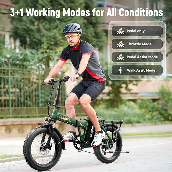 EUYBIKE Foldable Electric Bike for Adults, 30+MPH, 48V 20Ah Removable Battery up to 80Miles, 20" Fat Tire 1000W Peak Motor Adult Electric Bicycle for Beach Mountain E Bike Green with Safety Seat
