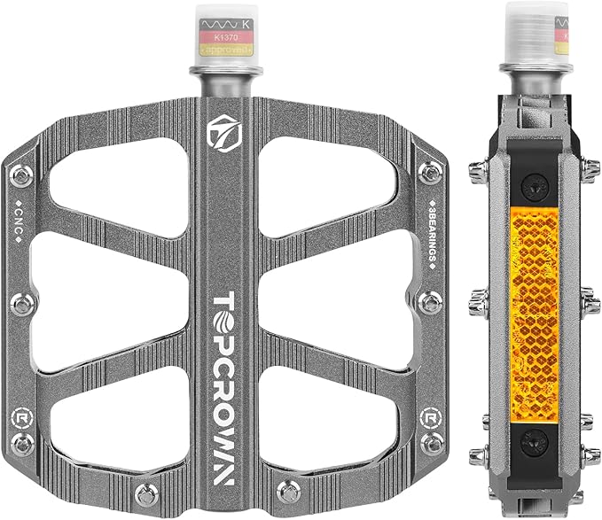 Mountain Bike Pedals with Reflectors, Aluminum Metal Bicycle Flat Pedals 9/16" - 3 Sealed Bearings, Non-Slip Wide Platform with Removable Pins for MTB, Road Bike, BMX, Ebike