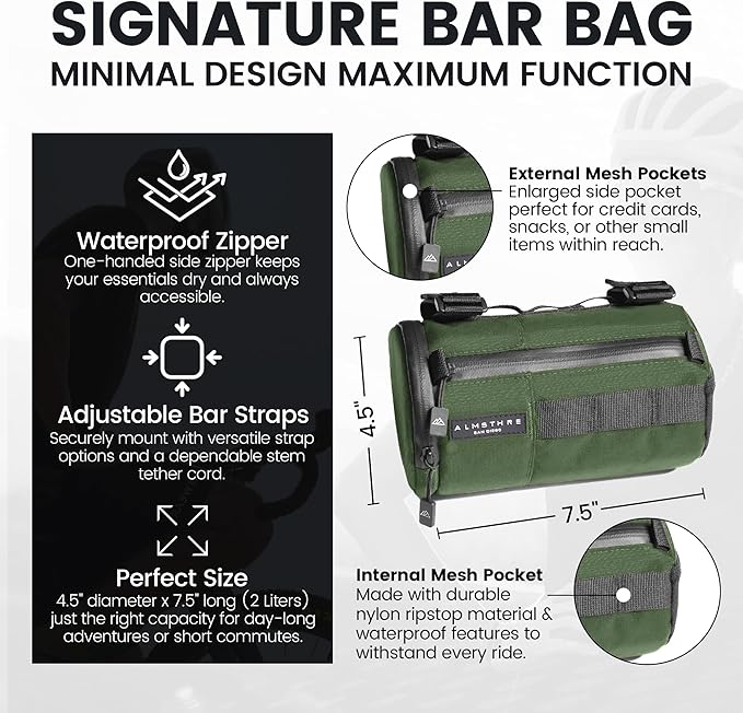 ALMSTHRE Signature Bar Bag – Hunter Green | Hard-Shell Bike Handlebar Bag with Waterproof Zippers & Adjustable Straps | Lightweight Bicycle Handlebar Bag, Compatible with Road, Gravel & MTB Bikes