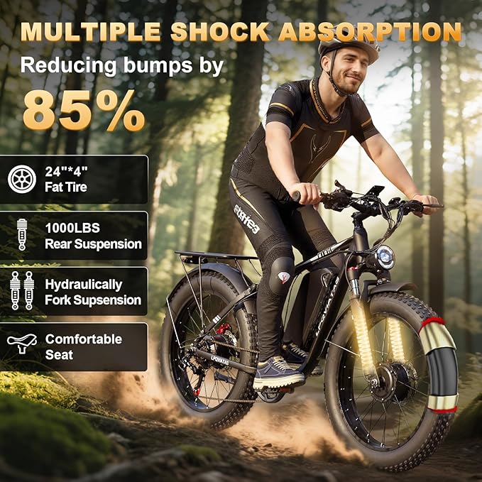 9000W Peak Dual Motor Electric Bike for Adults 46MPH,100Miles Long Range Ebike,7 Speeds,52V 34Ah Removable Battery,Full Suspension 24" Fat Tire E Bike for Mountain Off-Road Commuter Snow