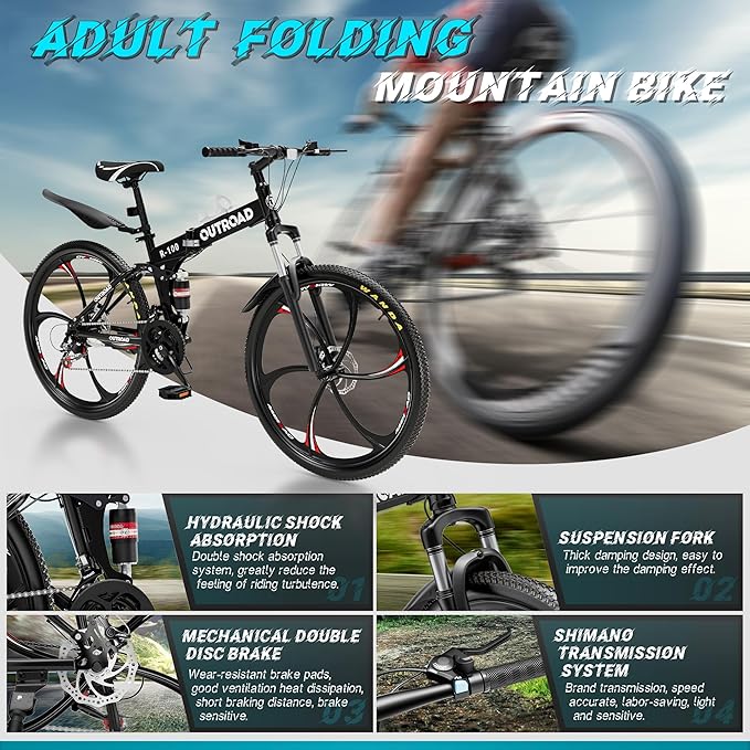 26" Foldable MTB – 21-Speed Full Suspension, High-Carbon Steel Frame, Dual Disc Brakes & Quick-Release Tires – Adults & Teens (Multiple Colors)