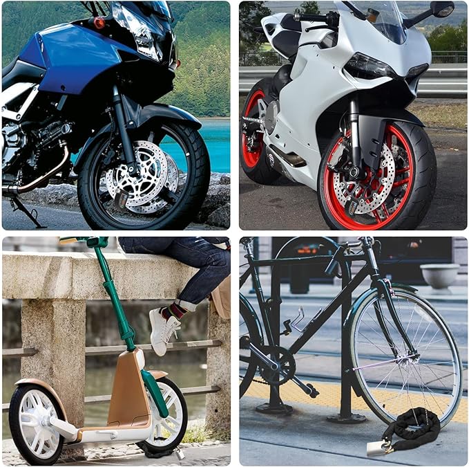 Justech Motorcycle Lock, Bicycle Chain Lock + Motorbike Alarm Disc Lock 110dB Alarm Sound with Reminder Cable and Carry Pouch for Bicycle Scooter