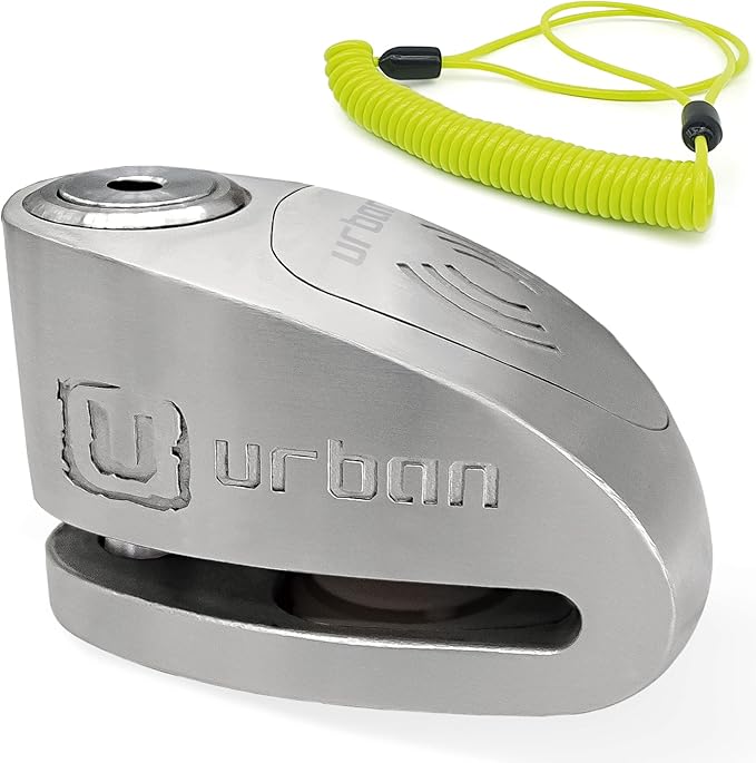 URBAN UR910S Approved Motorcycle Disc Lock with Hi-Tech Alarm | 120dB, X2 ON | SRA & Sold Secure Gold Tested Anti-Theft for Motorbike Scooter Bike | 10mm Double Locking, Stainless Steel