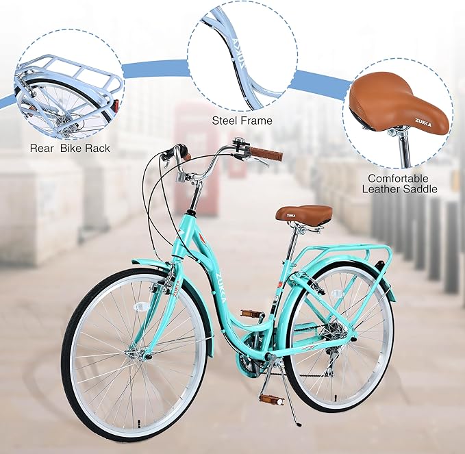 Commuter Bicycle, 26 Inch Ladies Bicycle for Adult, 7-Speed/High-Carbon Steel/Front & Rear Fenders, Ergonomic Upright Design Multiple Colors