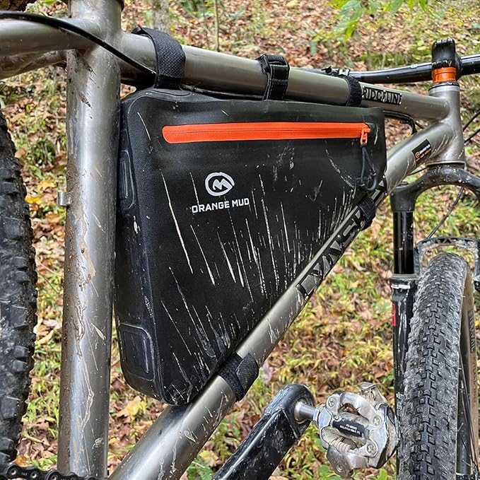 Orange Mud Waterproof Bike Frame Bag – Welded TPU Triangle Bag for Front or Rear Frame Mounting – Durable YKK Zippers, Secure Storage for Gear, Snacks, Tools, Phone – Black, 14"x9.5"