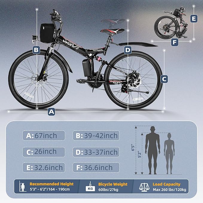 Vivi M026TGB Electric Bike 26" Electric Bike for Adults, Peak 750W Folding Electric Mountain Bike, 48V Removable Battery Ebike, 21 Speed Ebike, Top 22 Mph, Up to 50 Miles, SGS Certified to UL2849
