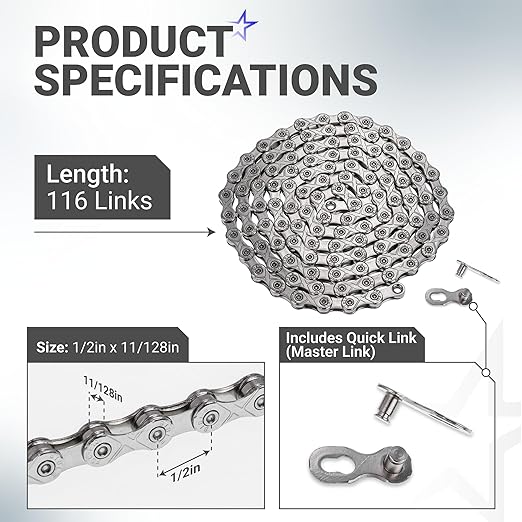 BlueStars 10 Speed Bike Chain 1/2 x 11/128 Inch (116 Links) with Quick Link - Anti-Rust Bicycle Chain - for MTB/Road/Gravel/Cyclocross Bikes - Compatible with Shimano SRAM Campagnolo