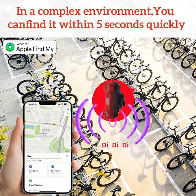 Bike Tail Light with GPS Tracker, Real-Time Tracking, 100dB Beep, Compatible with Apple Find My