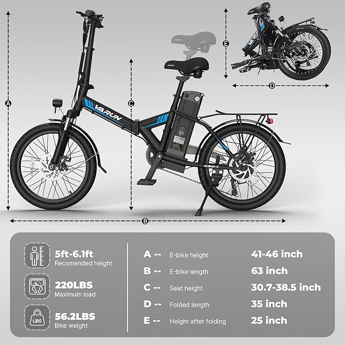 VARUN Electric Bike - Peak 750W Folding Ebike for Adults Up to 40 Miles 20MPH- 48V Removable Lithium-Battery- Stylish 20" Foldable Electric Bicycle Commuter for Adults
