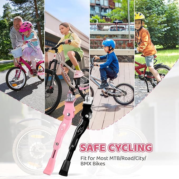 Adjustable Kickstand for Kids Bike, Bike Kickstand Center Mount for 16 18 20 Inch Kids Bikes, Aluminum Alloy Durable Bicycle Kickstand Bike Accessories for Kids, Pink
