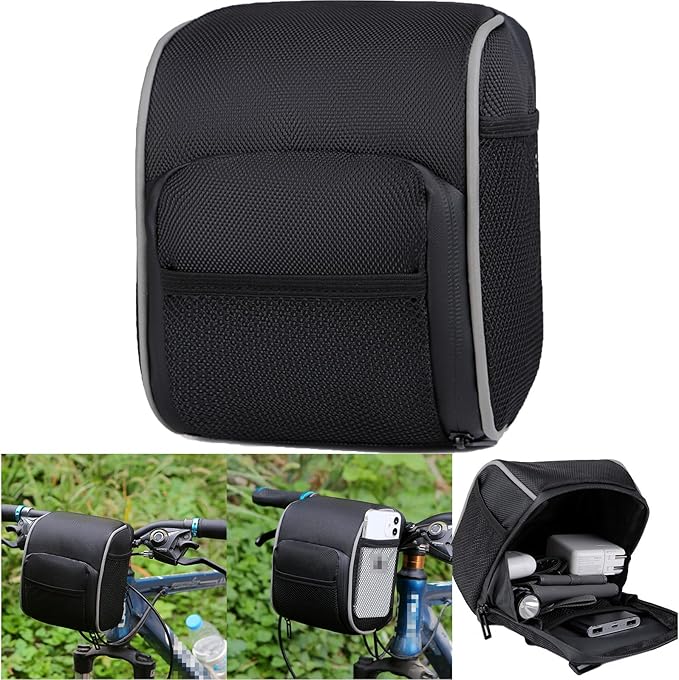 Cycling Handlebar Bag, Waterproof Black Bike Frame Bag, Large Capacity Bike Handlebar Bag with Easy Attachment, Compact Front Storage Bag for MTB and Road Bikes, 7" x 6" / 19 x 14 cm