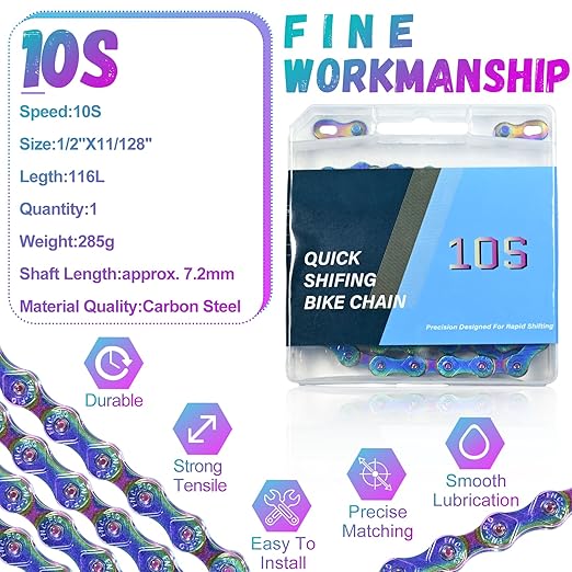 Rainbow 10 Speed Bike Chain, 1/2" x 11/128" 116 Links for Road Bike Mountain Bike (10 Speed Chain)