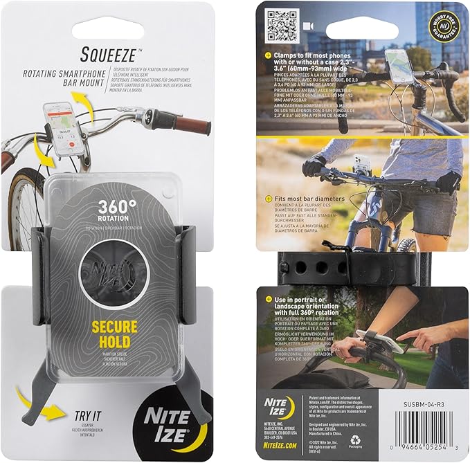 Nite Ize Squeeze Rotating Smartphone Bar Mount, Universal Bike Phone Holder For Bar or Stem, Compatible With iPhone/Galaxy/Edge/Google Pixel and more, Translucent