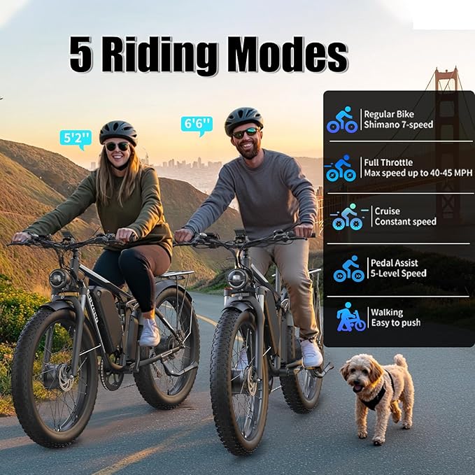 Electric Bike, Max 40-45MPH & 100 Miles, 5000W Peak Dual Motor Adult E-Bike, 52V 32Ah Battery Ebike, 24'' 26" Hydraulic Disc Brakes, Fat Tire All-Terrain Hunting Electric Bike, Full Suspension