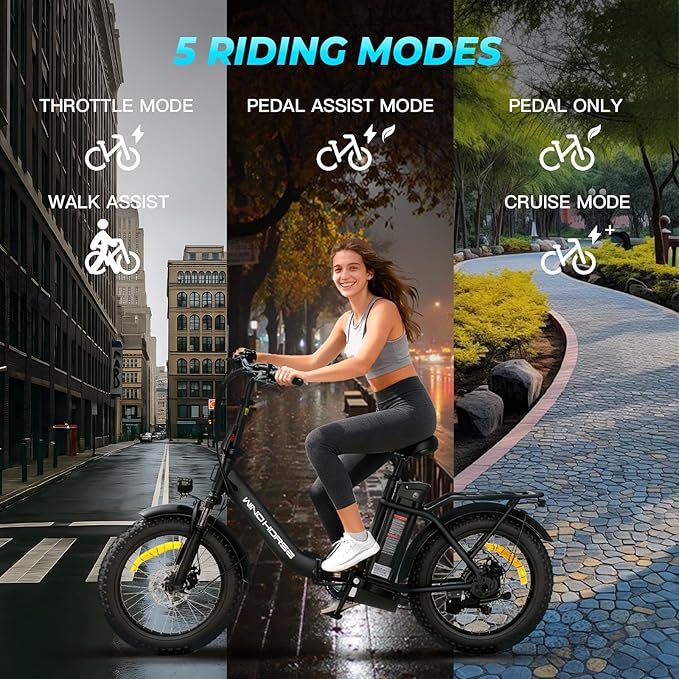WINDHORSE 20" Foldable Electric Bike, 983W Peak Motor, 20MPH, 40–70 Miles, 48V 748.8Wh Removable UL Battery, Front Suspension, Fat Tire E-Bike for Commuting, Beach, All -Terrain | Adults & Teens