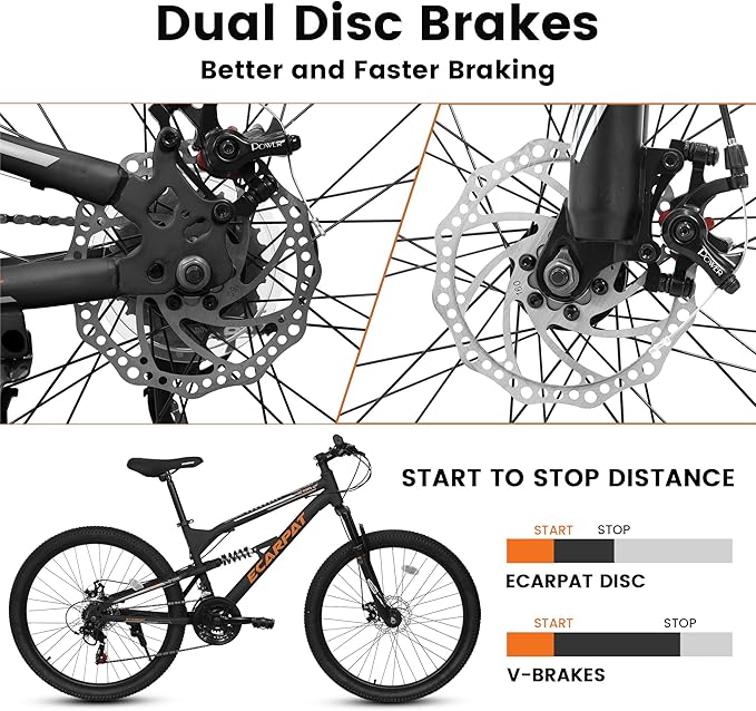 Ecarpat 24/26/27.5 Inch Mountain Bike, Full/Front Suspension Mens Boys Mountain Bike with 21 Speed Steel Frame and Dual Disc Brakes, Adult Sport Bicycle for Trail City Road, Gift Choice