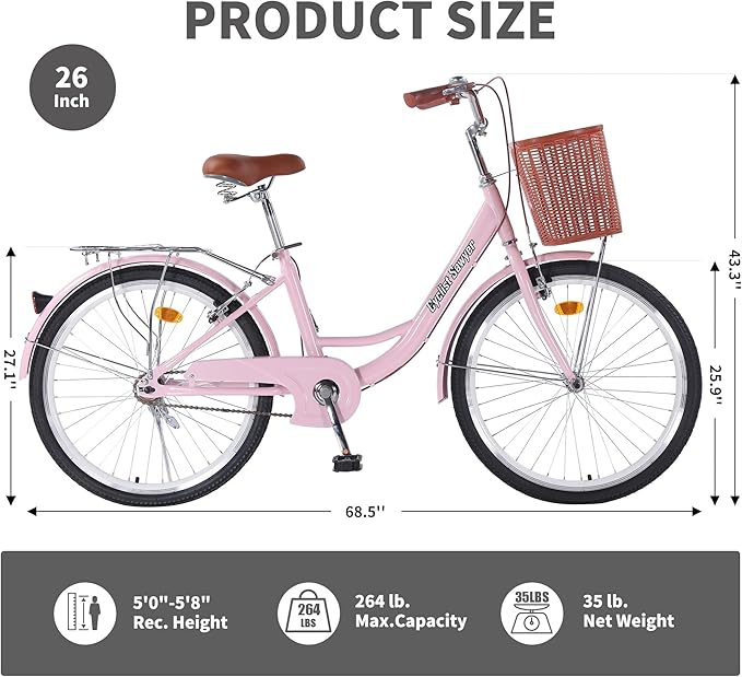24/26 Inch Adult Comfort Bike for Women, Women Commuter Bicycle Single Speed with Rear Rack and Basket, Comfortable City Bikes Ergonomic Upright Design for Women, Men and Teens