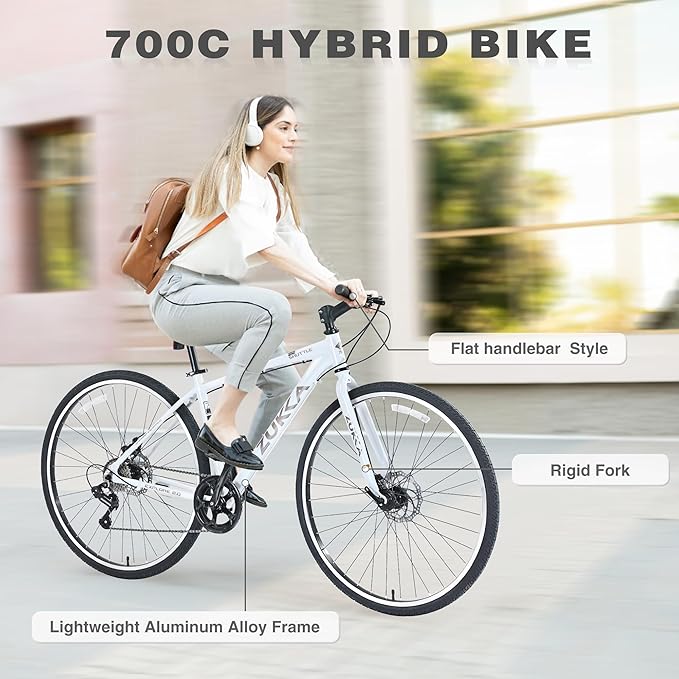 7 Speed Hybrid Bike, Aluminum Alloy Frame, Double Disc Brakes, 700C Road Bike, Fast Acceleration, Suitable Aerodynamic Riding Position for Men and Women City Bicycle