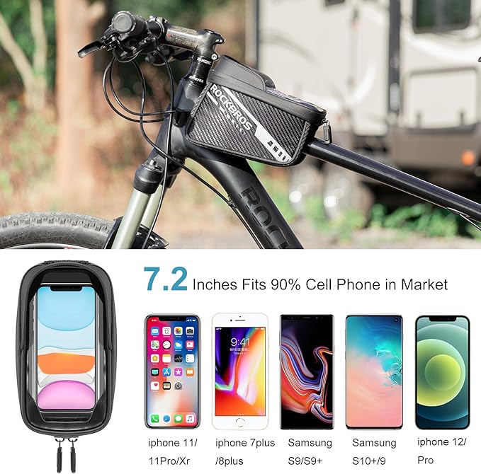 ROCKBROS Bike Phone Front Frame Bag Top Tube Bike Bag Bicycle Handlebar Bag Cell Phone Holder Mount Bag Cycling Accessories Storage Pouch for Phone 7.2”