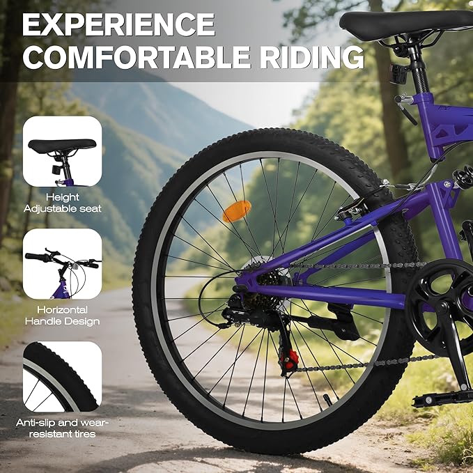 Mountain Bike for Adult Men Women, 26 Inch 7 Speed Mountian Bicycle with Dual Full Suspension, Dual V Brake MTB Bicycle, Multiple Colors