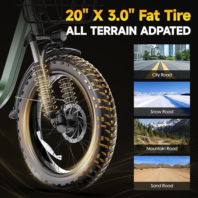 Electric Bike for Adults 20" Fat Tire1300W Peak Motor 52V 13AH Removable Battery Max Range 35 Miles,28MPH,Folding EBike with Shimano 7 Speed and Adjustable Seat