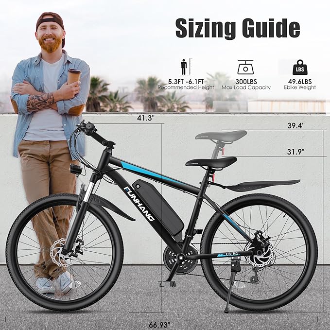 Electric Bike for Adults, 1000W Peak Ebike, 50Miles 21.7MPH Electric Mountain Bike, 26" Adult Electric Bicycle with 48V Removable Battery, Fenders,7 Speed, Front Suspension, UL 2849 Certified