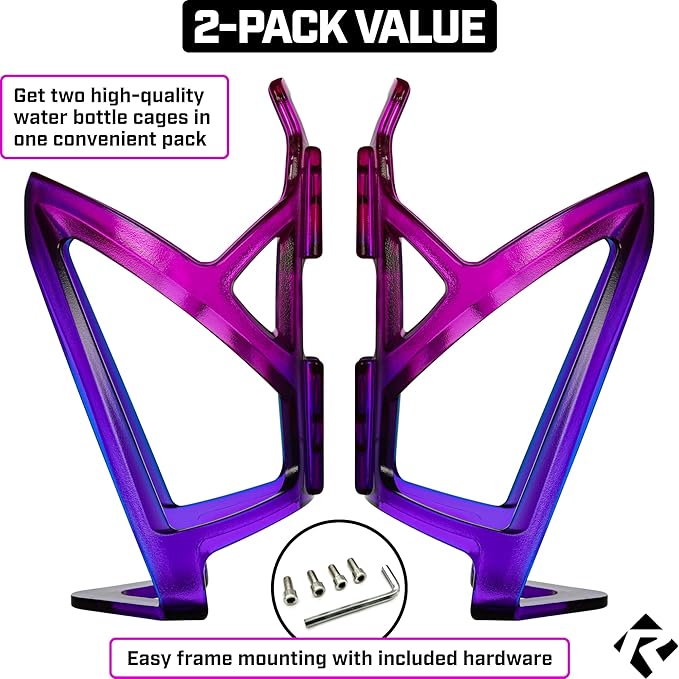 Revere Ultra-Light Bike Water Bottle Holder – Durable Bicycle Bottle Cage for Road, MTB, & Mountain Bikes – 2-Pack with Screws & Installation Tool – Premium Cycling Accessories (Purple/Blue)