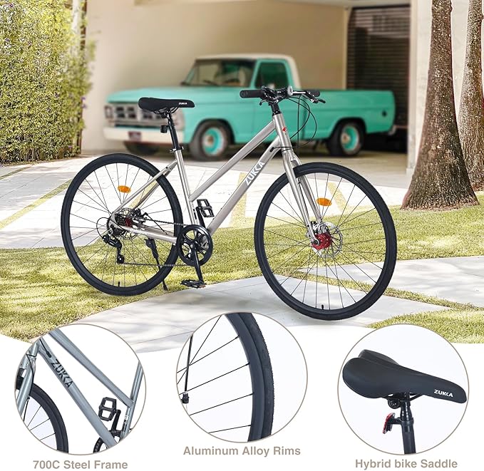 700C Road Hybrid Bike City Commuter Bicycle with 7 Speed/Front and Rear Disc Brakes/Steel Frame for Men Women Adult Available in A Variety of Colors