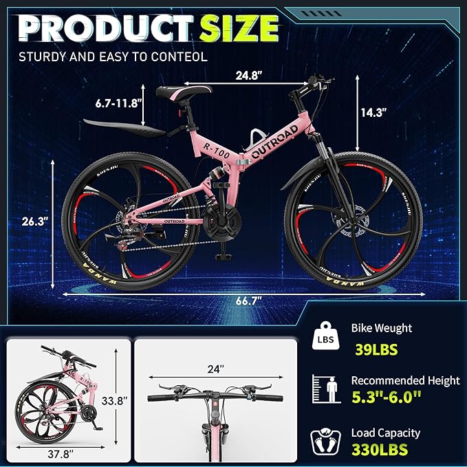 26 Inch Folding Mountain Bike, 21 Speed Full Suspension Bicycle Dual Disc Brake Non-Slip Quick Release tire for Adults Men Women(Balck/Pink/Green/Orange/White/Purple)