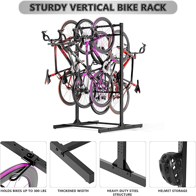Freestanding Bike Rack Storage, 6 Bike Rack Adjustable Height, Space Saving, Vertical Floor Stand Bike Storage Garage for Backyard, Garage Organizer, Workplace, Up to 600 LBS (Upgraded 6 Bike Rack)
