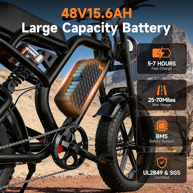 Electric Bike for Adults, 1500W-3000W Peak Ebike with Full Suspension, 20" x 4.0 Fat Tire Retro Scrambler Moped Style, 48V/52V Long Range All-Terrain Electric Bicycle, UL 2849 Certified