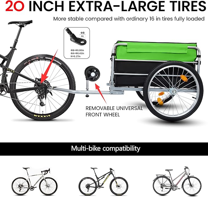 Aluminum Bicycle Trailer, Foldable Bike Cargo Trailer with Universal Hitch, Removable Oxford Fabric Cover, Bicycle Trailers Folding, for Camping, Groceries, 220 LBS Load Capacity, Black+Green