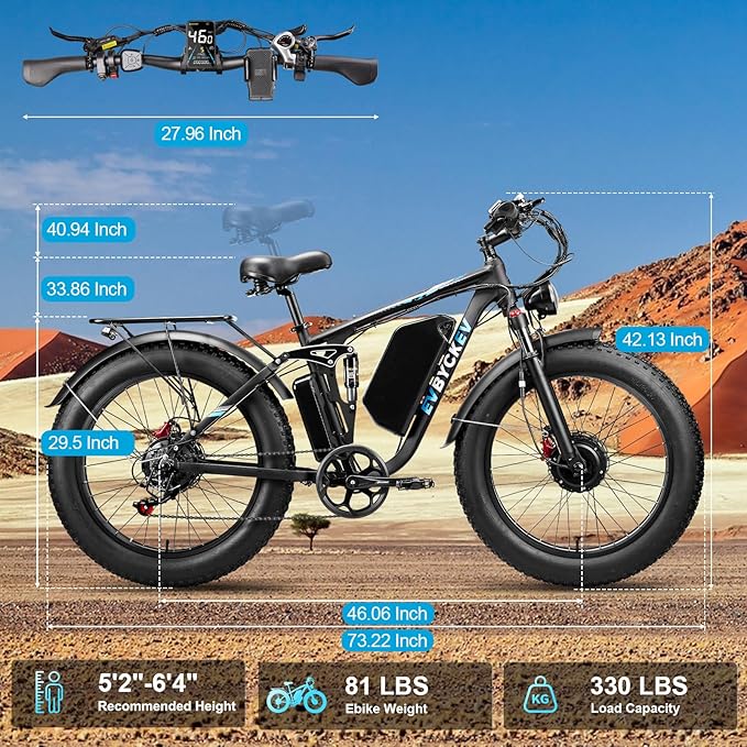 9000W Peak Dual Motor Ebike,58V Max 34Ah Adults Electric Bike,Up to105 Miles Range 47MPH Top Speed Fast Ebike,Full Suspension 24Inches Fat Tires Mountain E Bicycle for Sand Snow Beach&Off-Road