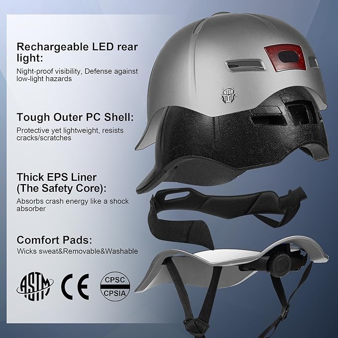 Bike Helmet Adult Men/Women-USB Rechargeable Rear Light CPSC/ASTM Certified 2 Removable Liners Adjustable Lightweight Baseball Cap Style for Youth Road&Mountain Biking Skating Scooter