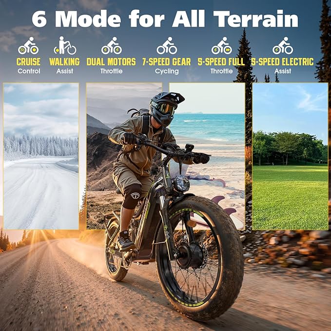 Seemoon 6000W Electric Bike for Adults,45 MPH up to 120Mile Dual Motor Ebike,60V 30Ah Battery,24" Fat Tire Electric Bicycle with Throttle Lock for Hunting Off-Road Commuter,Full Suspension E-bike