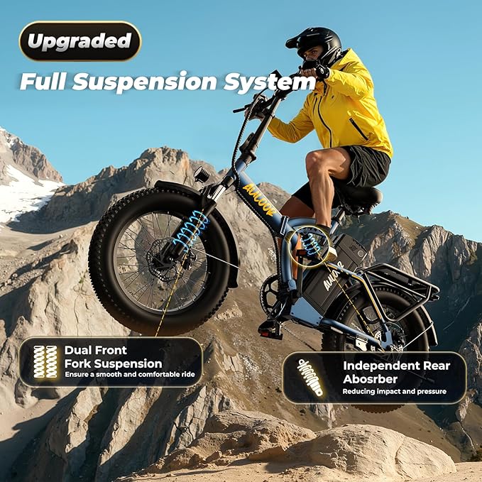Foldable Electric Bike for Adults, 30+MPH, 48V 20Ah Removable Lithium Battery up to 80Miles, 20" Fat Tire 1000W Peak Motor Dirt Ebike Adult Electric Bicycle for Commute Beach Mountain E Bike