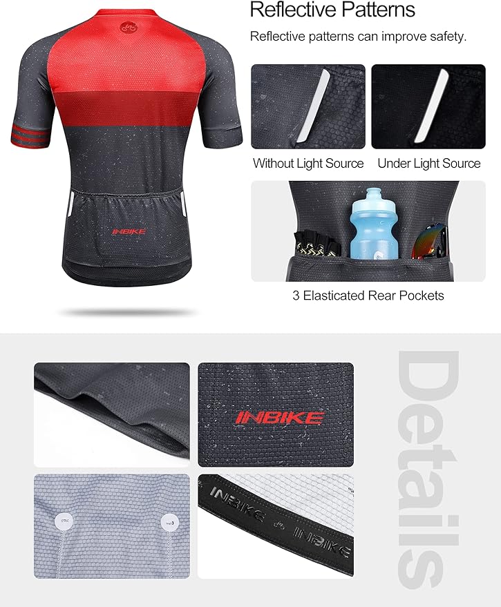 INBIKE Mens Cycling Jersey 3 Rear Pockets Moisture Wicking Short Sleeve Quick Dry Reflective Biking Shirts