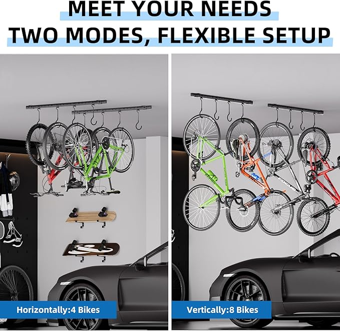 Urban Deco Ceiling Mounted Bike Rack for Garage, Indoor Metal Bike Hanger with 8 Adjustable Ceiling Hooks Hold 4-8 Bikes, Space-Saving Garage Bike Storage for Storing Bike (2-Piece Set)