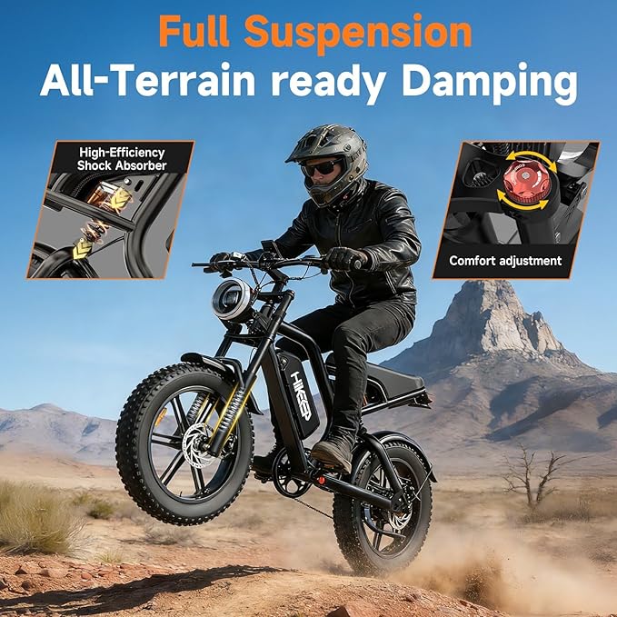 Electric Bike for Adults, 1500W-3000W Peak Ebike with Full Suspension, 20" x 4.0 Fat Tire Retro Scrambler Moped Style, 48V/52V Long Range All-Terrain Electric Bicycle, UL 2849 Certified