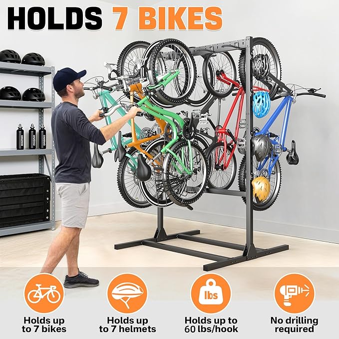 TORACK Freestanding Bike Storage Stand for Garage, Heavy Duty 7 Bikes and 7 Helmets Vertical Bike Storage Stand Floor Bikes Storage Rack
