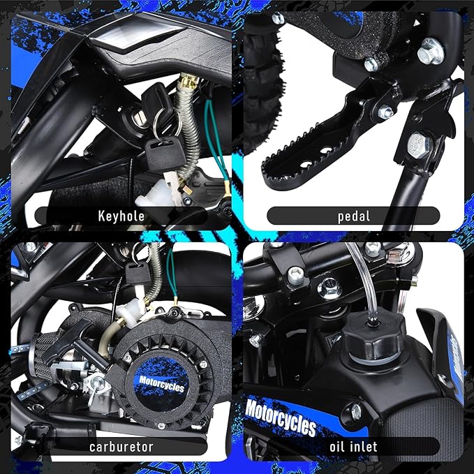 cdar Kids Dirt Bike, 49cc Gas Dirt Bike for Teens - 25MPH 2-Stroke Pit Bike with Hydraulic Disc Brakes & 10" Off-Road Tires Ages 13+ Max180lb Load Christmas for Boys Girl Blue