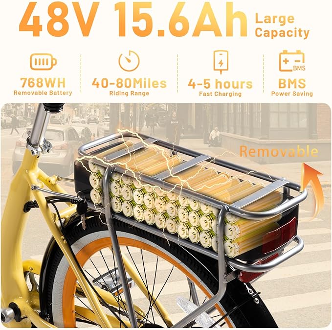 26'' Electric Bike, Peak 1000W Motor 28MPH, 48V 16AH Removable Battery 85Miles, Step Thru City Cruiser Ebike, Lightweight Commuter E-Bike with Aluminum Frame,7-Speed, Full Suspension