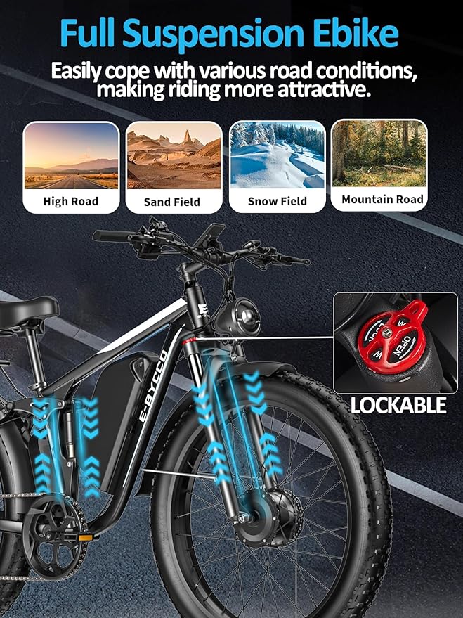 6000W Electric Bike for Adults, 52V 32AH Dual Motor E-Bike, Up to 100Mile & 45MPH All-Terrain Fat Tires Full Suspension 24/26 Inch Electric Bicycles Hydraulic Disc Brake for Road UL2849 by SGS